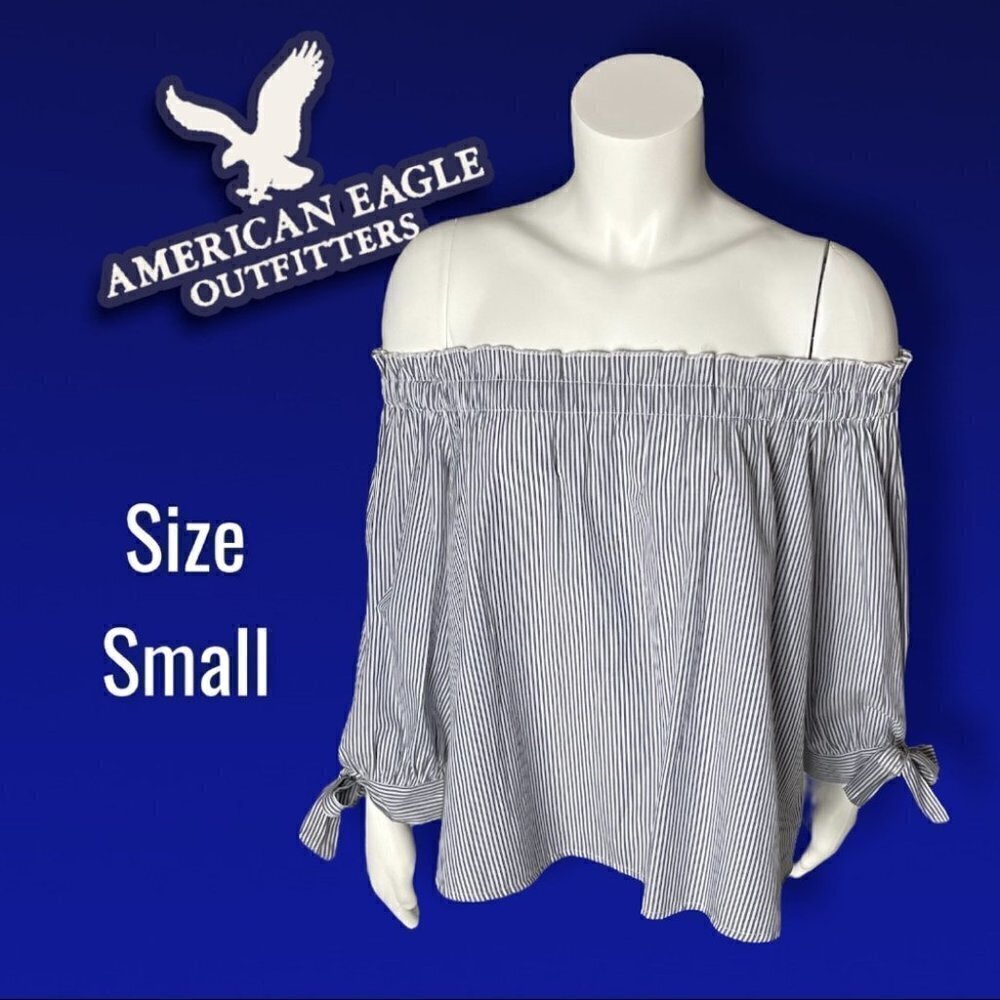 AMERICAN Eagle Pinstripe Cotton Off Shoulder Blouse Size Small Blue White